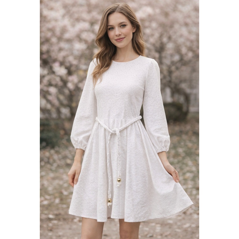 MICHAEL KORS White Long Sleeve Eyelet Tie-Waist Dress